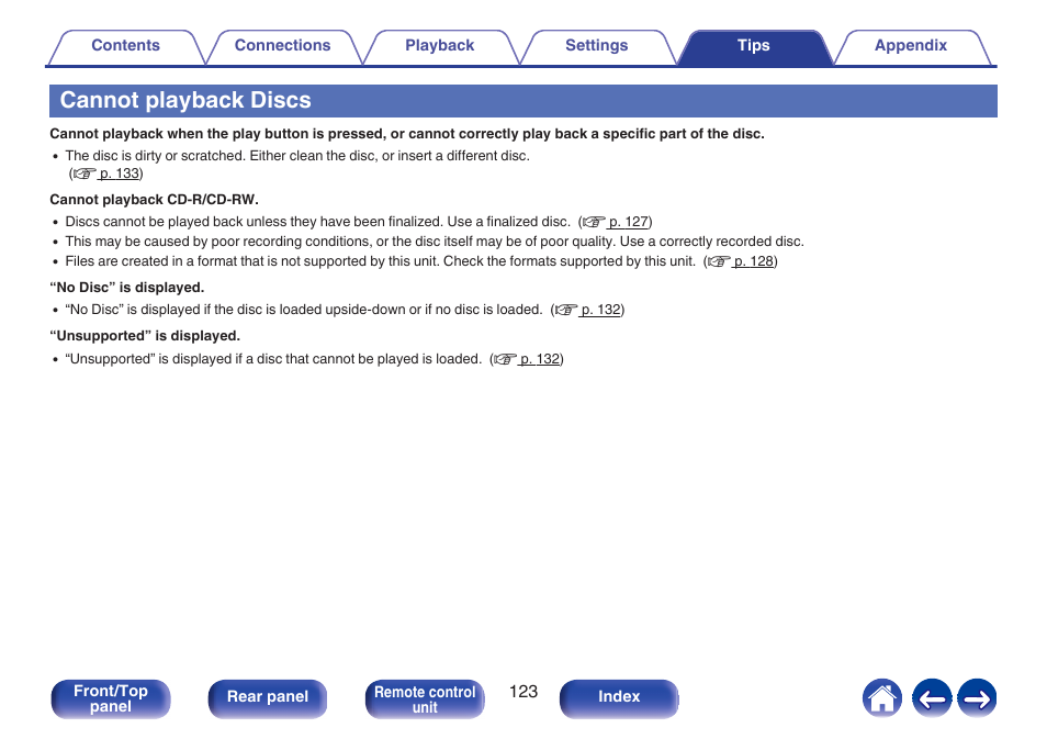 Cannot playback discs | Denon CEOL RCD-N10 Network CD Receiver (Black) User Manual | Page 123 / 149