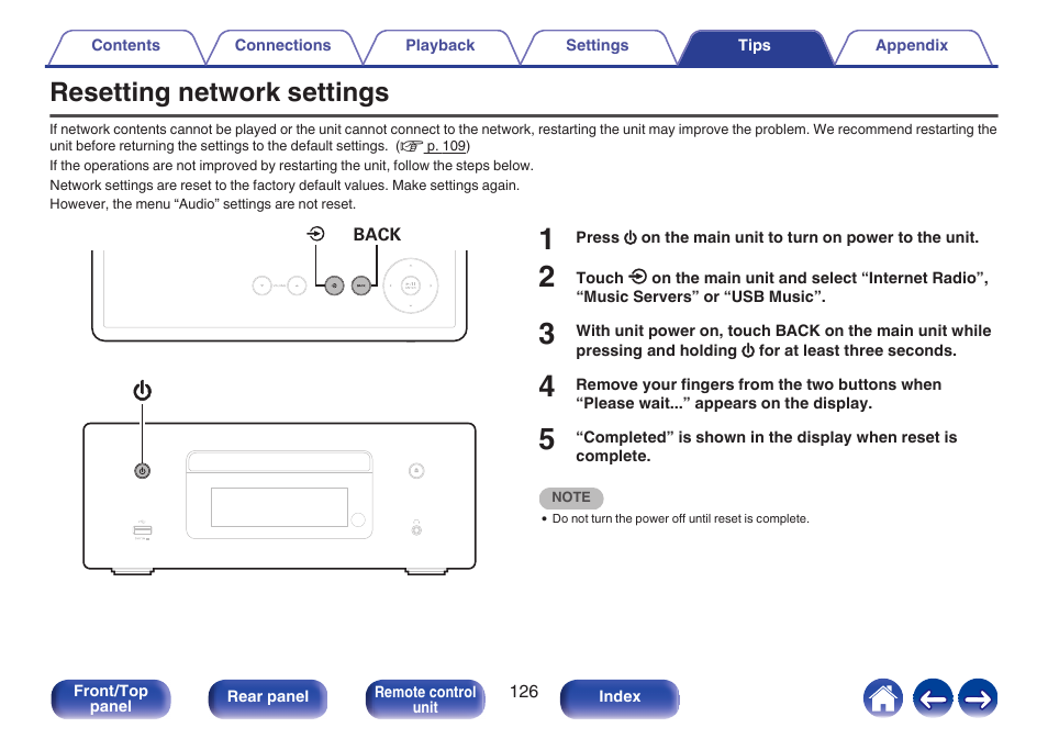 Resetting network settings | Denon CEOL RCD-N10 Network CD Receiver (Black) User Manual | Page 126 / 149
