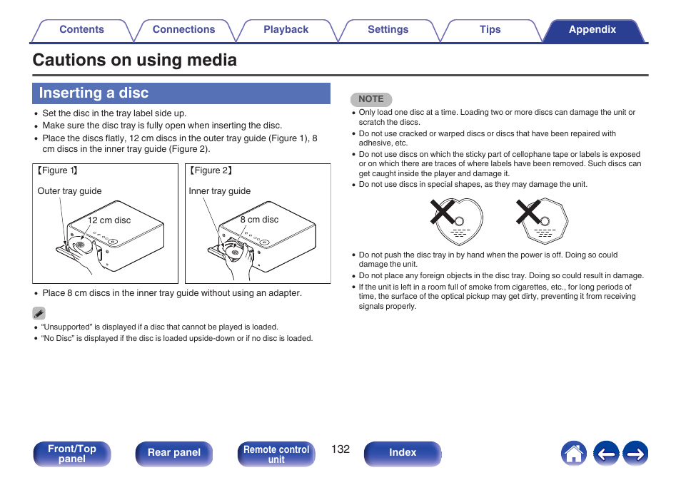 Cautions on using media, Inserting a disc, Used to insert a disc | P. 132), Insert a disc | Denon CEOL RCD-N10 Network CD Receiver (Black) User Manual | Page 132 / 149