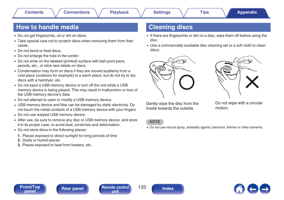 How to handle media, Cleaning discs, P. 133) | Denon CEOL RCD-N10 Network CD Receiver (Black) User Manual | Page 133 / 149