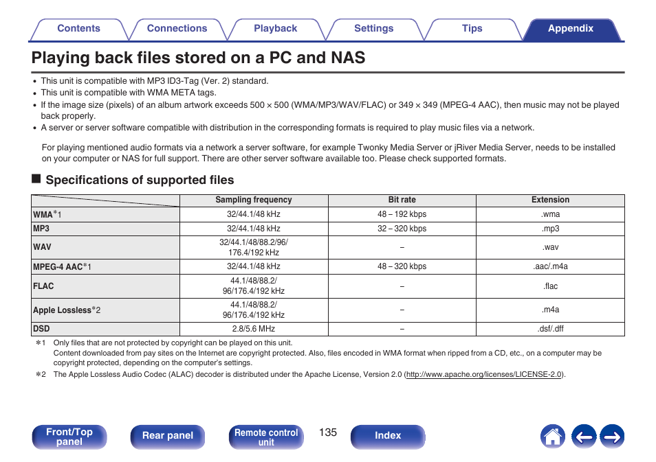 Playing back files stored on a pc and nas, See “playing back files stored on a pc and nas, P. 135) for | P. 135), Ospecifications of supported files | Denon CEOL RCD-N10 Network CD Receiver (Black) User Manual | Page 135 / 149