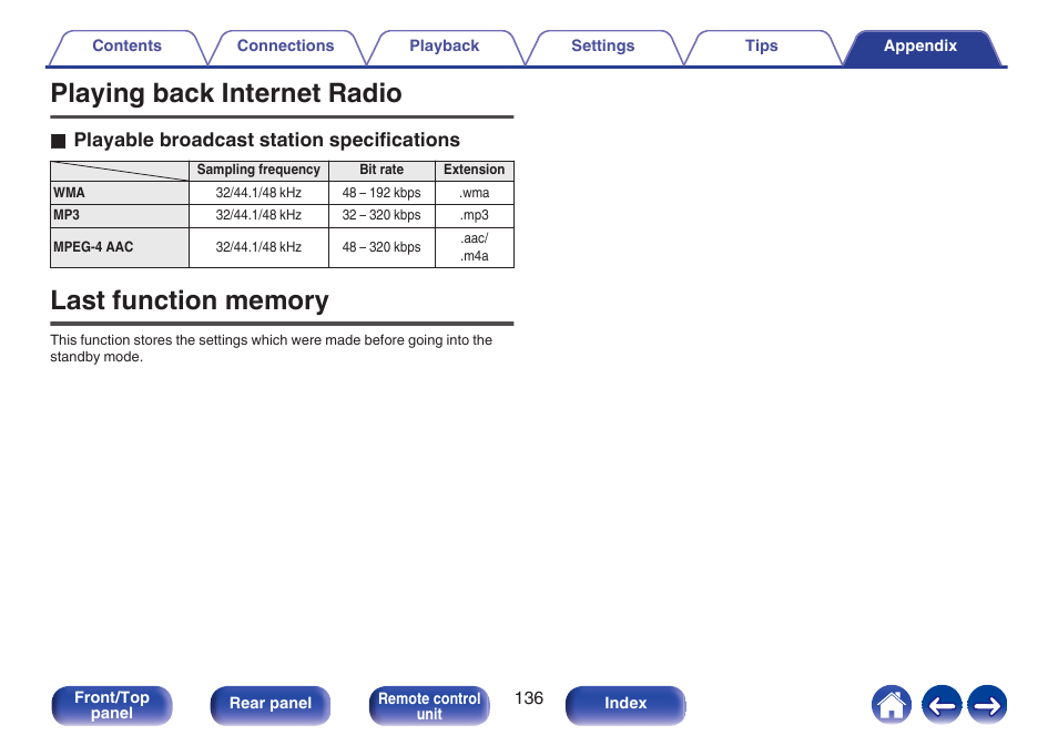 Playing back internet radio, Last function memory, See “playing back internet radio | P. 136) | Denon CEOL RCD-N10 Network CD Receiver (Black) User Manual | Page 136 / 149