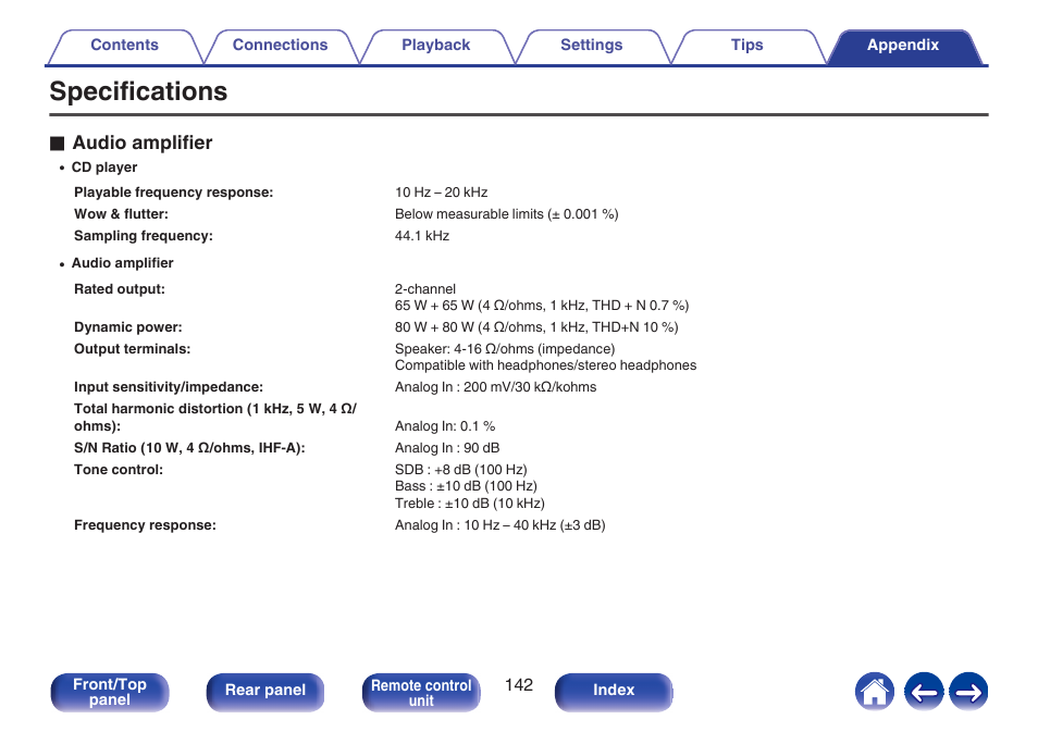 Specifications, Oaudio amplifier | Denon CEOL RCD-N10 Network CD Receiver (Black) User Manual | Page 142 / 149