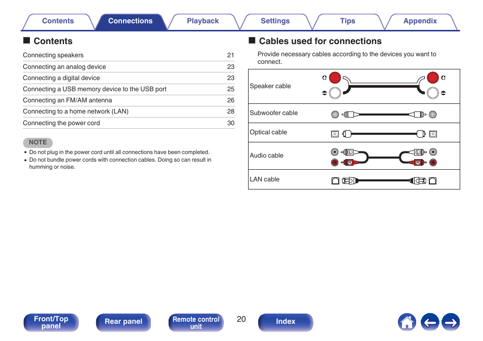 Connections, Ocontents, Ocables used for connections | Denon CEOL RCD-N10 Network CD Receiver (Black) User Manual | Page 20 / 149