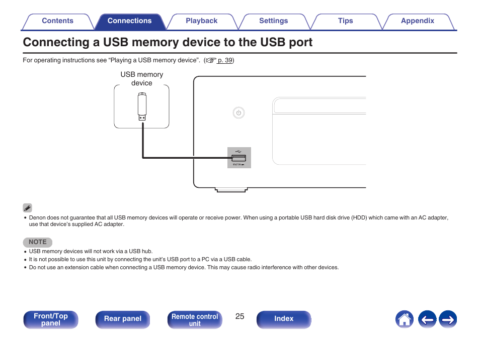 Connecting a usb memory device to the usb port, P. 25) | Denon CEOL RCD-N10 Network CD Receiver (Black) User Manual | Page 25 / 149