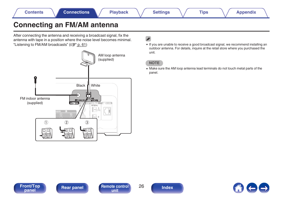 Connecting an fm/am antenna, P. 26) | Denon CEOL RCD-N10 Network CD Receiver (Black) User Manual | Page 26 / 149