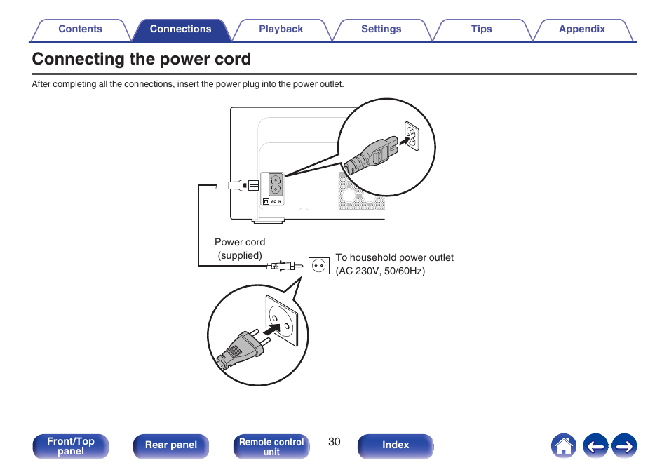 Connecting the power cord, Used to connect the power cord, P. 30) | Denon CEOL RCD-N10 Network CD Receiver (Black) User Manual | Page 30 / 149