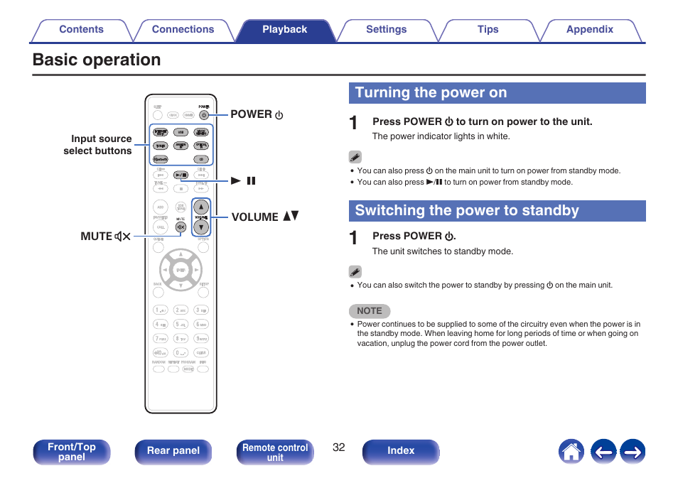 Basic operation, Turning the power on, Switching the power to standby | This turns the power on/off (standby), P. 32) | Denon CEOL RCD-N10 Network CD Receiver (Black) User Manual | Page 32 / 149