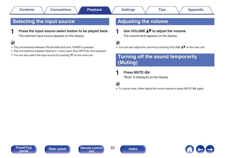 Selecting the input source, Adjusting the volume, Turning off the sound temporarily (muting) | These select the input source, P. 33), Adjusts the volume, This mutes the output audio | Denon CEOL RCD-N10 Network CD Receiver (Black) User Manual | Page 33 / 149