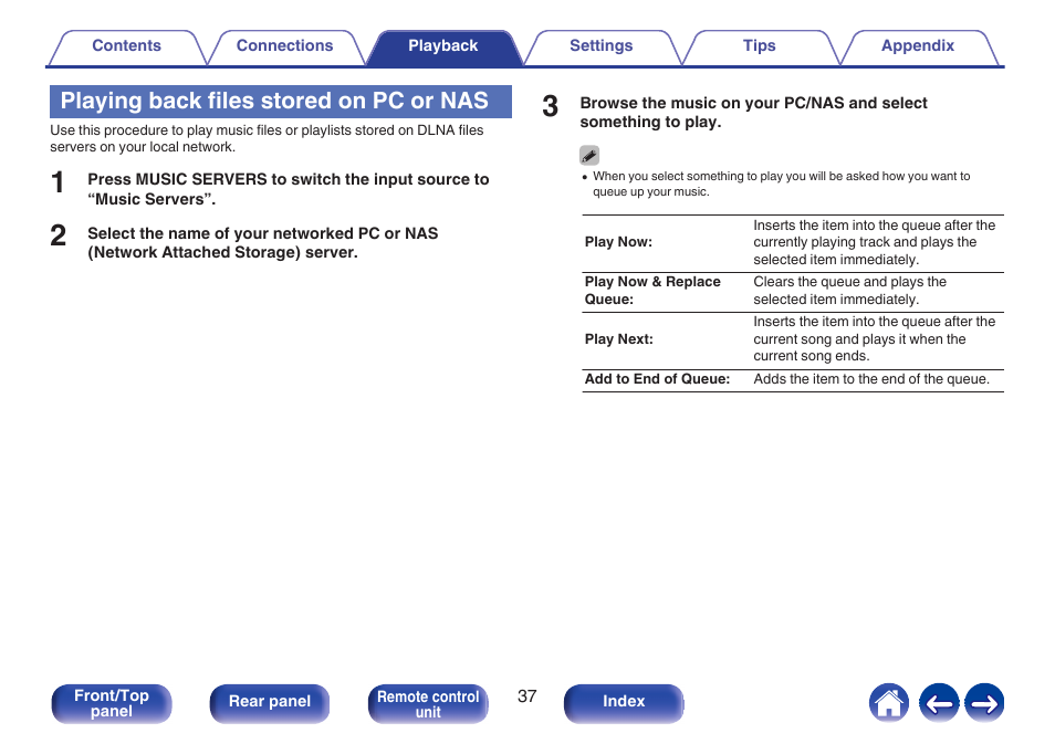 Playing back files stored on pc or nas | Denon CEOL RCD-N10 Network CD Receiver (Black) User Manual | Page 37 / 149