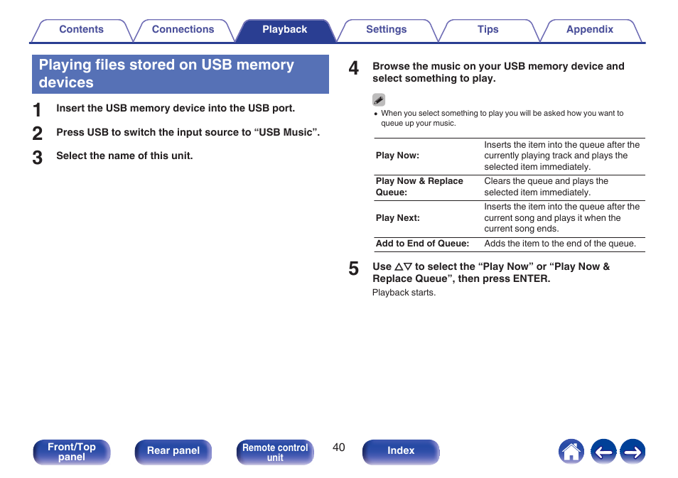 Playing files stored on usb memory devices | Denon CEOL RCD-N10 Network CD Receiver (Black) User Manual | Page 40 / 149