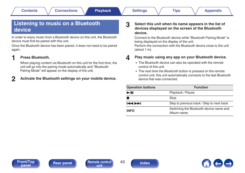 Listening to music on a bluetooth device | Denon CEOL RCD-N10 Network CD Receiver (Black) User Manual | Page 43 / 149