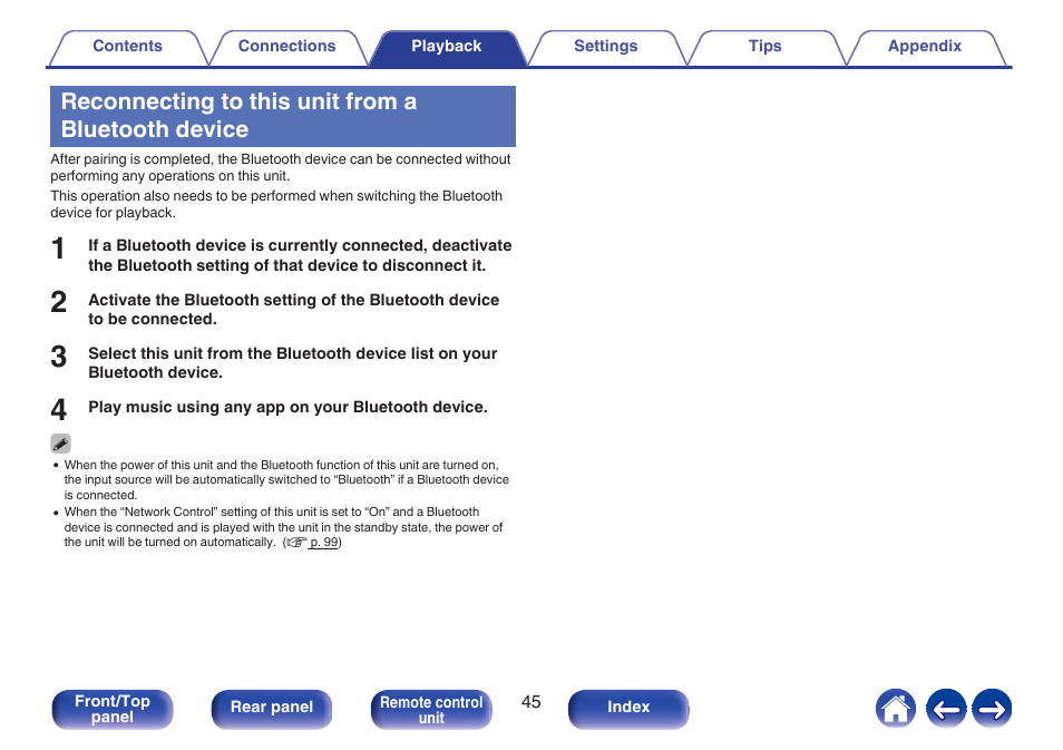 Reconnecting to this unit from a bluetooth device | Denon CEOL RCD-N10 Network CD Receiver (Black) User Manual | Page 45 / 149