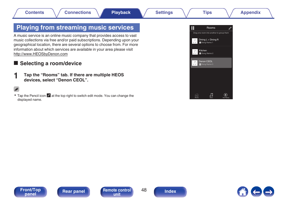 Playing from streaming music services, Oselecting a room/device | Denon CEOL RCD-N10 Network CD Receiver (Black) User Manual | Page 48 / 149