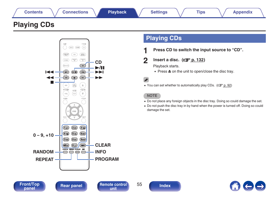 Playing cds, Opens and closes the disc tray, P. 55) | Denon CEOL RCD-N10 Network CD Receiver (Black) User Manual | Page 55 / 149