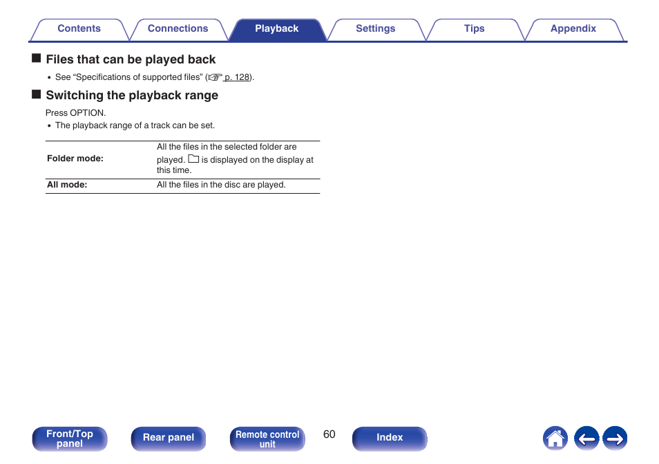 P. 60), Ofiles that can be played back, Oswitching the playback range | Denon CEOL RCD-N10 Network CD Receiver (Black) User Manual | Page 60 / 149