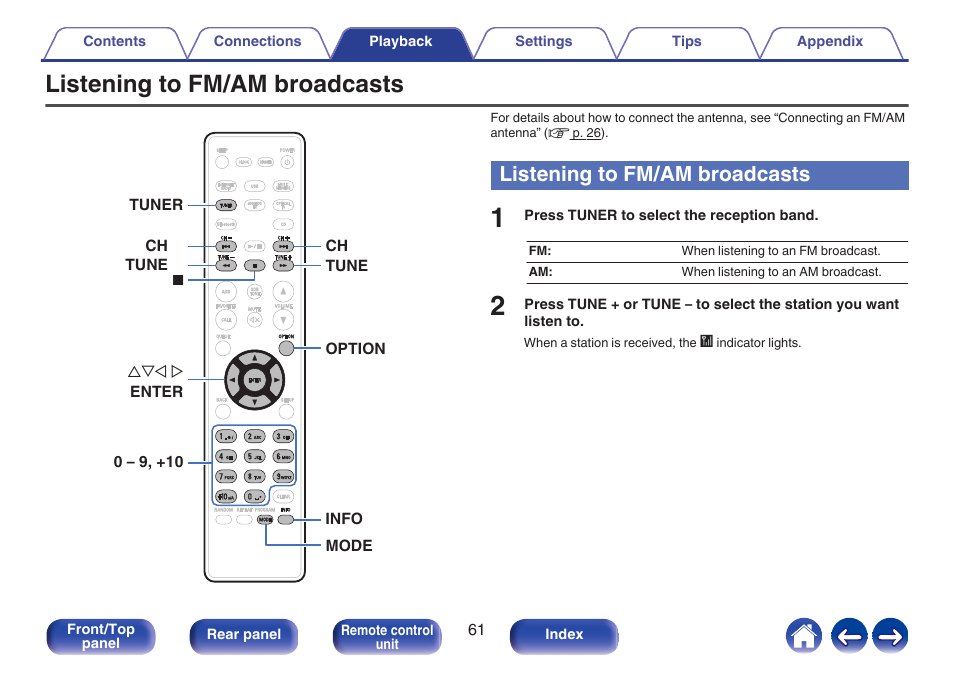 Listening to fm/am broadcasts, These operate the tuner, P. 61) | Denon CEOL RCD-N10 Network CD Receiver (Black) User Manual | Page 61 / 149