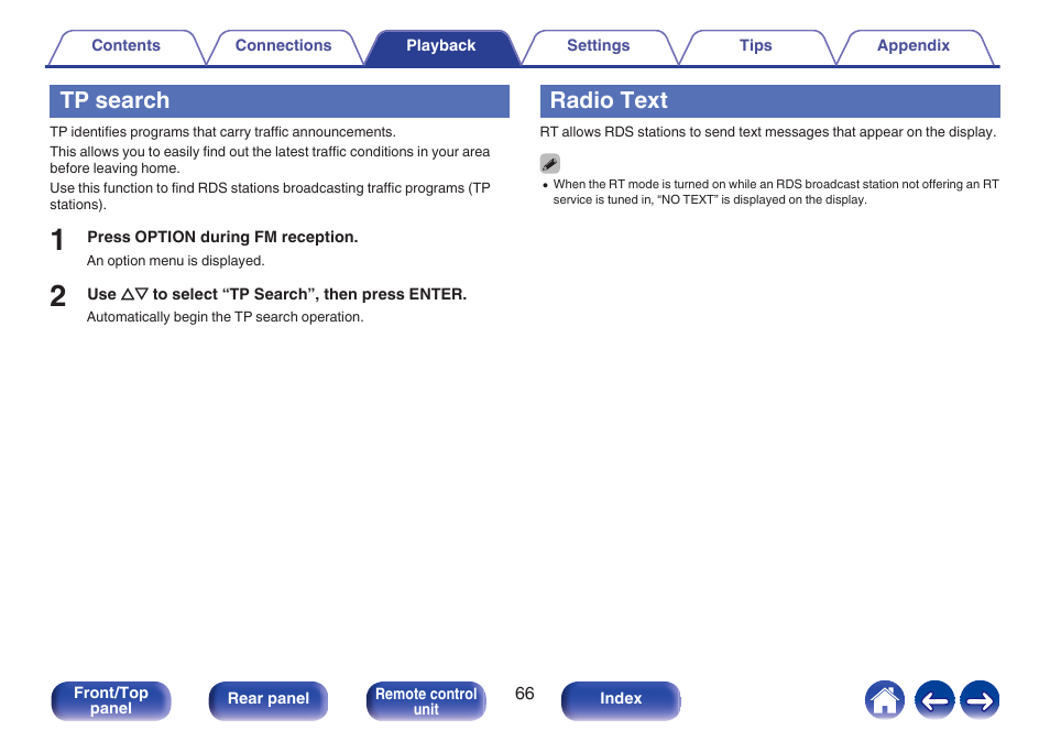 Tp search, Radio text | Denon CEOL RCD-N10 Network CD Receiver (Black) User Manual | Page 66 / 149
