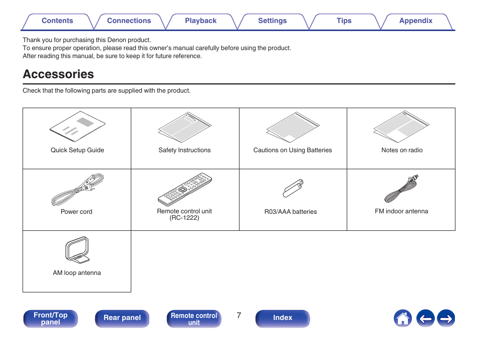 Accessories | Denon CEOL RCD-N10 Network CD Receiver (Black) User Manual | Page 7 / 149