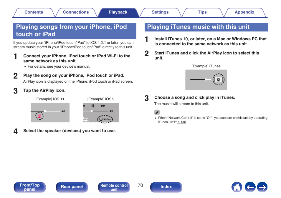 Playing songs from your iphone, ipod touch or ipad, Playing itunes music with this unit | Denon CEOL RCD-N10 Network CD Receiver (Black) User Manual | Page 70 / 149