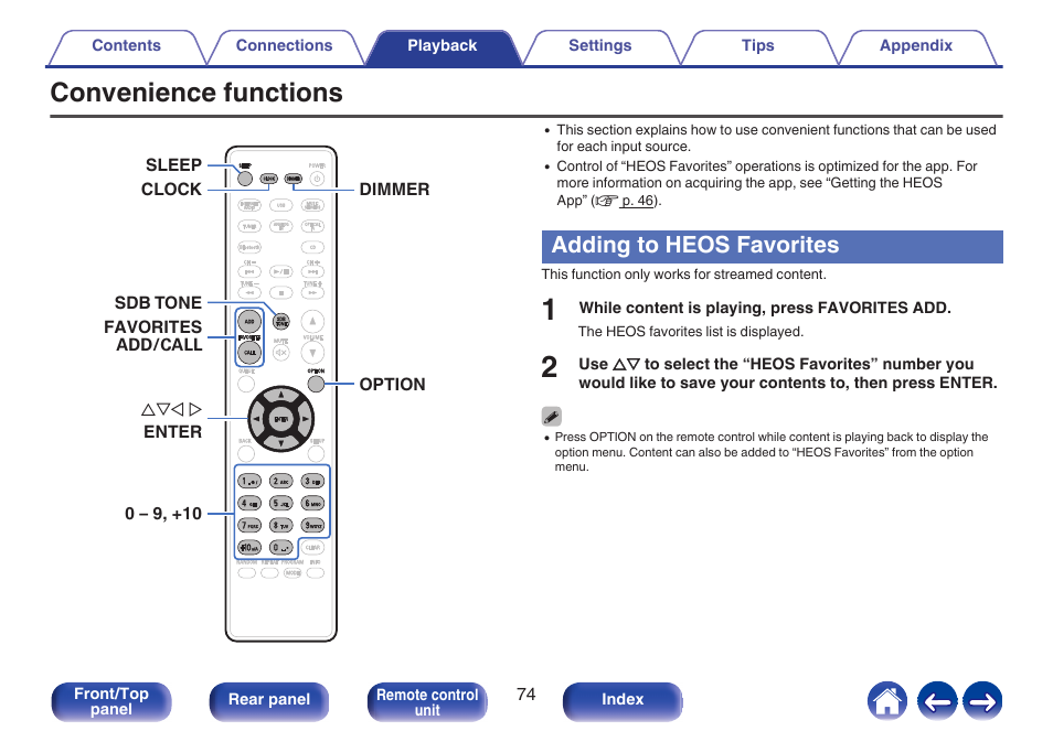 Convenience functions, Adding to heos favorites, P. 74) | Denon CEOL RCD-N10 Network CD Receiver (Black) User Manual | Page 74 / 149