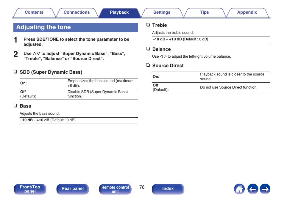 Adjusting the tone, P. 76) | Denon CEOL RCD-N10 Network CD Receiver (Black) User Manual | Page 76 / 149