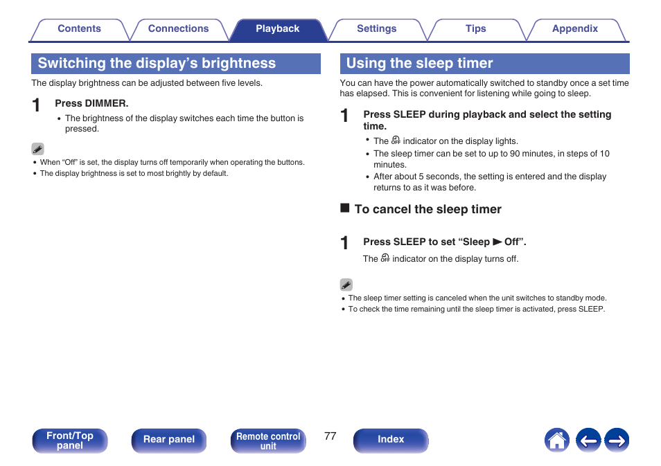 Switching the display’s brightness, Using the sleep timer, This sets the sleep timer | P. 77), Adjust the display brightness of this unit | Denon CEOL RCD-N10 Network CD Receiver (Black) User Manual | Page 77 / 149