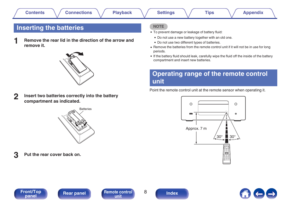 Inserting the batteries, Operating range of the remote control unit | Denon CEOL RCD-N10 Network CD Receiver (Black) User Manual | Page 8 / 149