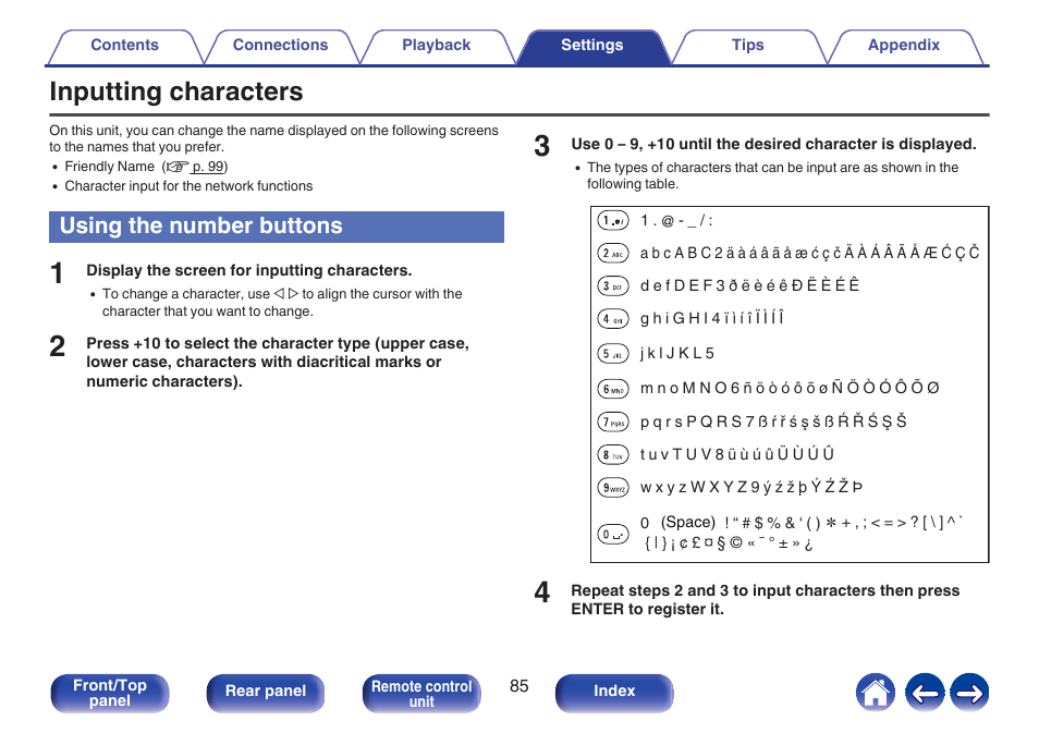 Inputting characters, Using the number buttons, These enter letters or numbers into the unit | P. 85) | Denon CEOL RCD-N10 Network CD Receiver (Black) User Manual | Page 85 / 149