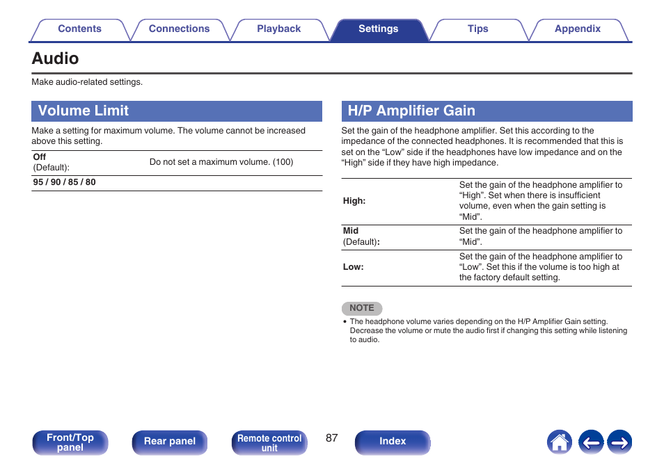 Audio, Volume limit, H/p amplifier gain | Denon CEOL RCD-N10 Network CD Receiver (Black) User Manual | Page 87 / 149