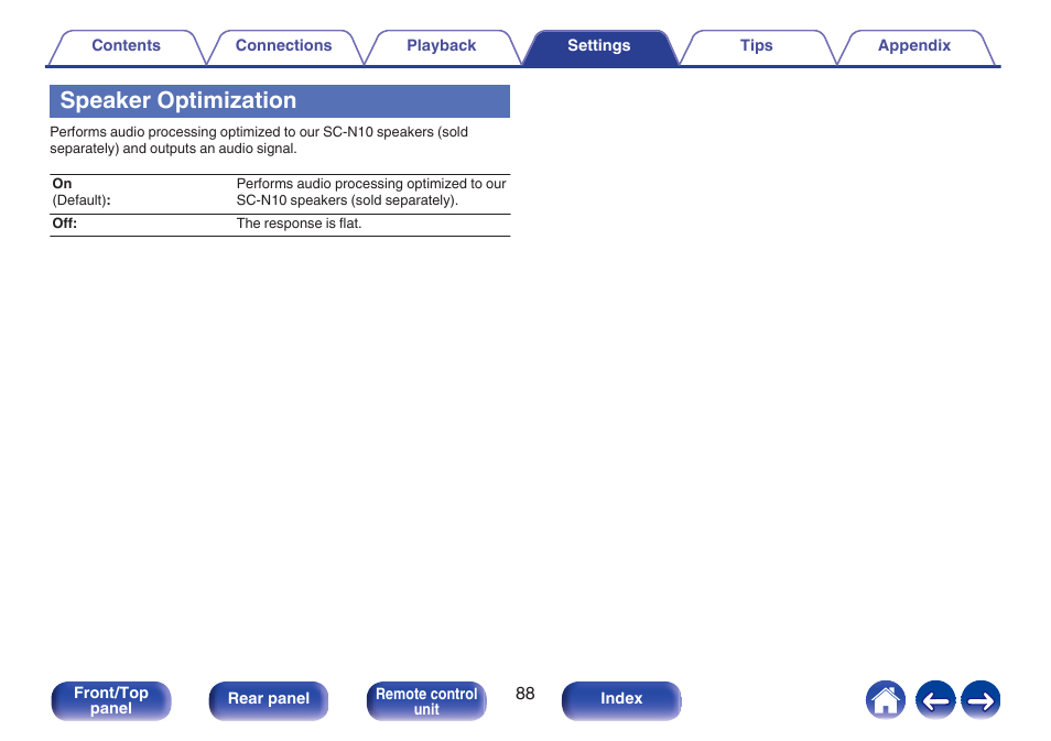 Speaker optimization | Denon CEOL RCD-N10 Network CD Receiver (Black) User Manual | Page 88 / 149