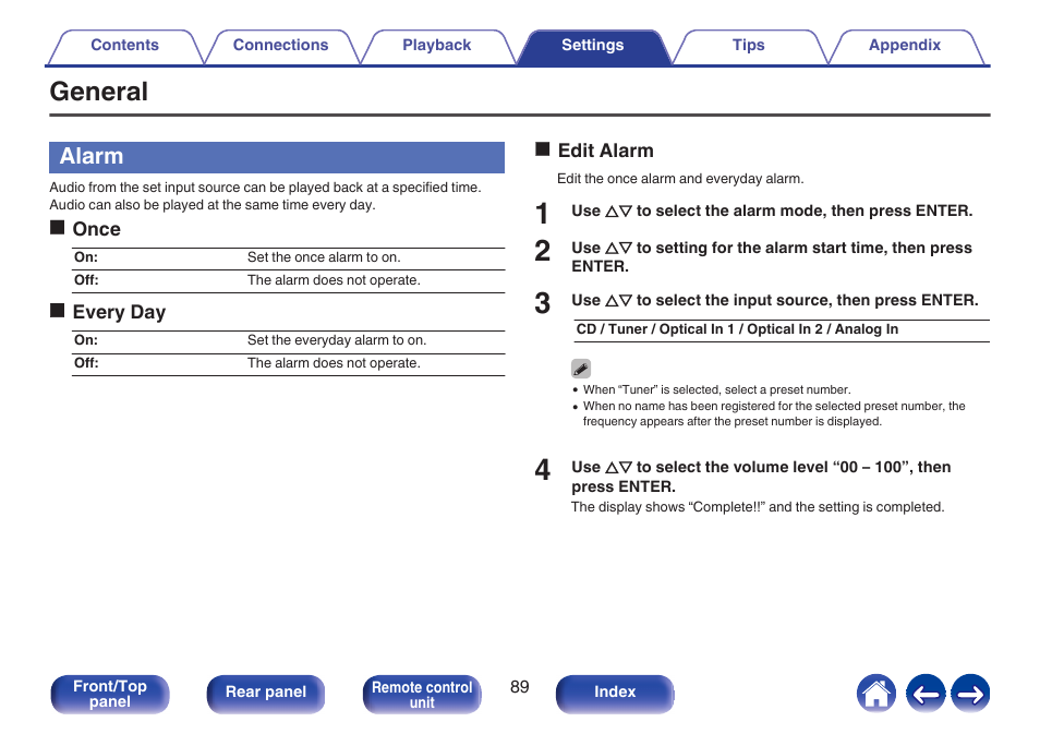 General, Alarm | Denon CEOL RCD-N10 Network CD Receiver (Black) User Manual | Page 89 / 149