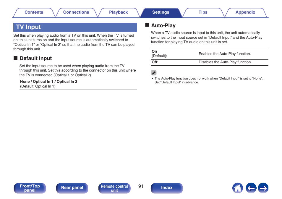 Tv input, Or “optical in 2, P. 91) | Odefault input, Oauto-play | Denon CEOL RCD-N10 Network CD Receiver (Black) User Manual | Page 91 / 149