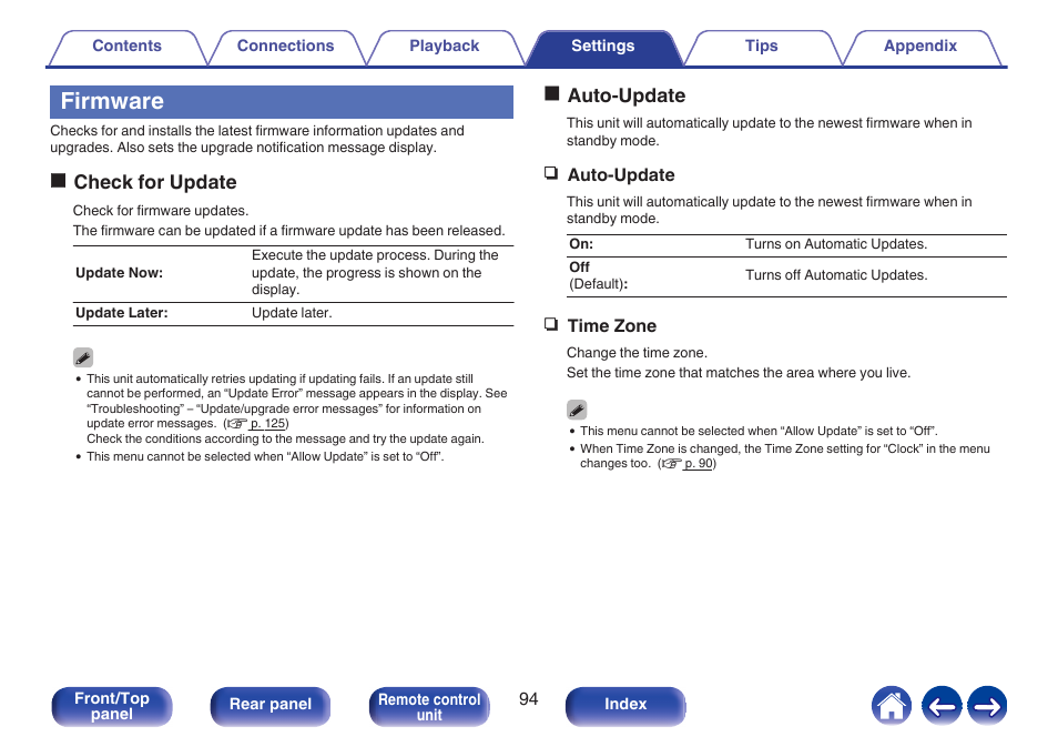 Firmware, In the menu, P. 94) | Ocheck for update, Oauto-update | Denon CEOL RCD-N10 Network CD Receiver (Black) User Manual | Page 94 / 149