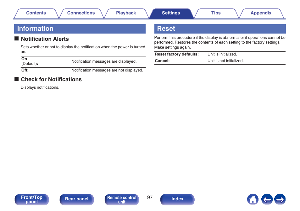 Information, Reset | Denon CEOL RCD-N10 Network CD Receiver (Black) User Manual | Page 97 / 149
