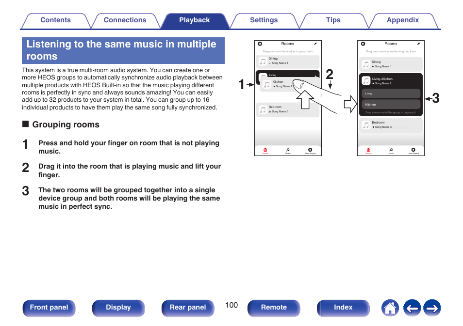Listening to the same music in multiple rooms, Ogrouping rooms | Denon AVR-X1700H 7.2-Channel Network A/V Receiver with HEOS User Manual | Page 100 / 284