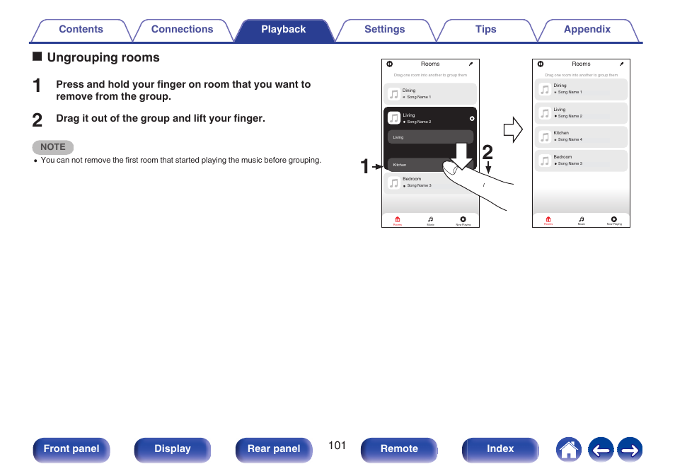 Oungrouping rooms, Drag it out of the group and lift your finger, Front panel display rear panel remote index | Denon AVR-X1700H 7.2-Channel Network A/V Receiver with HEOS User Manual | Page 101 / 284