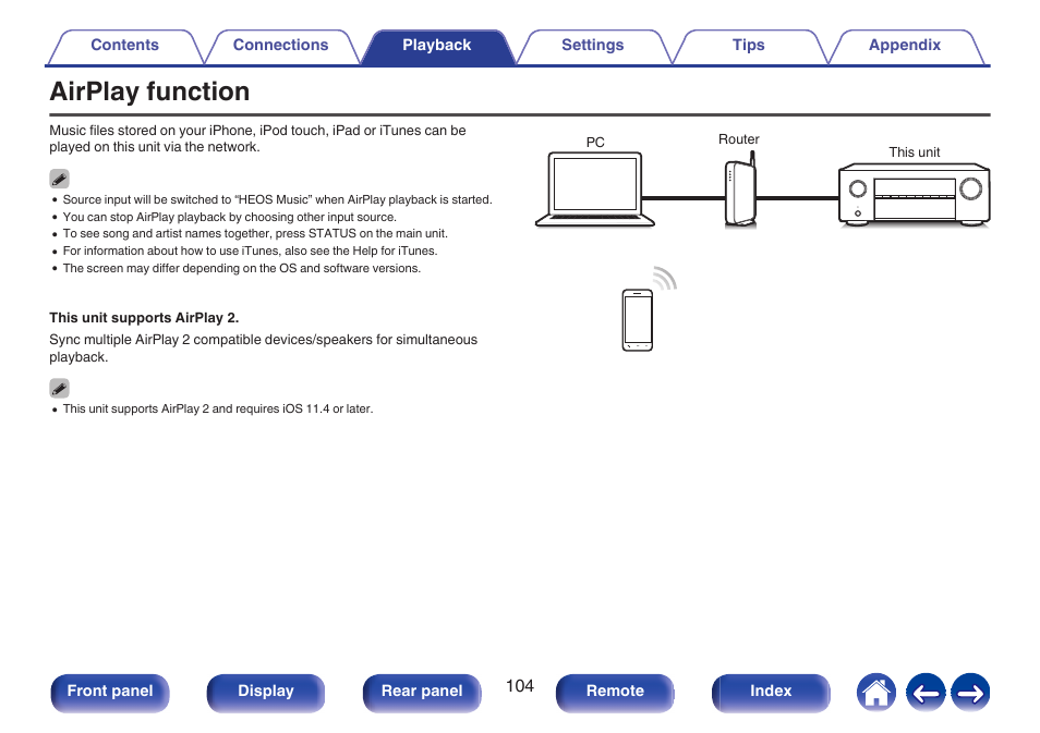 Airplay function, Network functions such as internet radio etc, P. 104) | Denon AVR-X1700H 7.2-Channel Network A/V Receiver with HEOS User Manual | Page 104 / 284