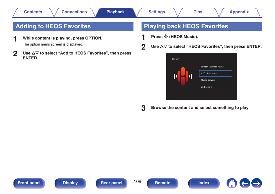 Adding to, Heos favorites, Playing back heos favorites | P. 109), Adding to heos favorites | Denon AVR-X1700H 7.2-Channel Network A/V Receiver with HEOS User Manual | Page 109 / 284
