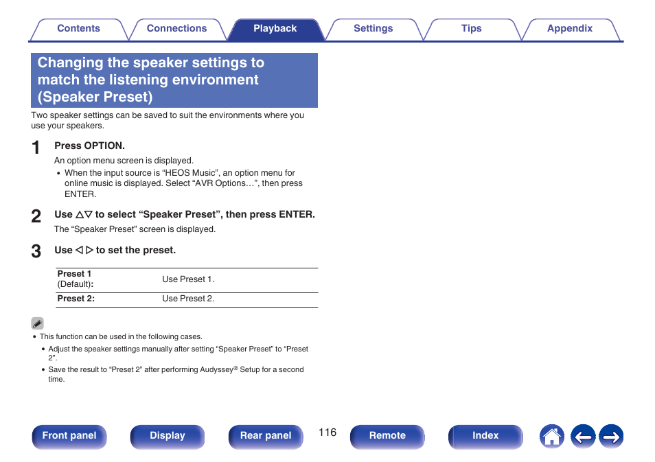 Speaker preset), P. 116) | Denon AVR-X1700H 7.2-Channel Network A/V Receiver with HEOS User Manual | Page 116 / 284