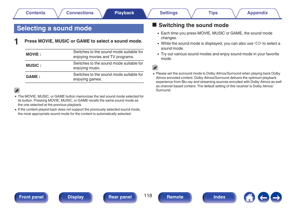 Selecting a sound mode, Oswitching the sound mode | Denon AVR-X1700H 7.2-Channel Network A/V Receiver with HEOS User Manual | Page 118 / 284