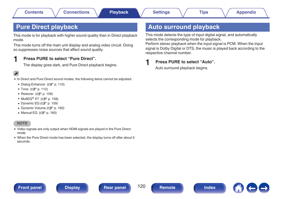 Pure direct playback, Auto surround playback | Denon AVR-X1700H 7.2-Channel Network A/V Receiver with HEOS User Manual | Page 120 / 284
