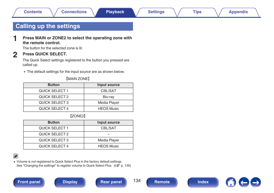 Calling up the settings | Denon AVR-X1700H 7.2-Channel Network A/V Receiver with HEOS User Manual | Page 134 / 284