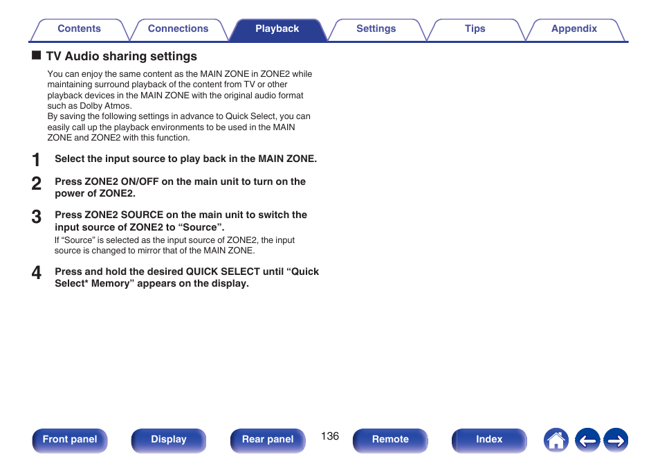 Tv audio sharing settings, P. 136) | Denon AVR-X1700H 7.2-Channel Network A/V Receiver with HEOS User Manual | Page 136 / 284