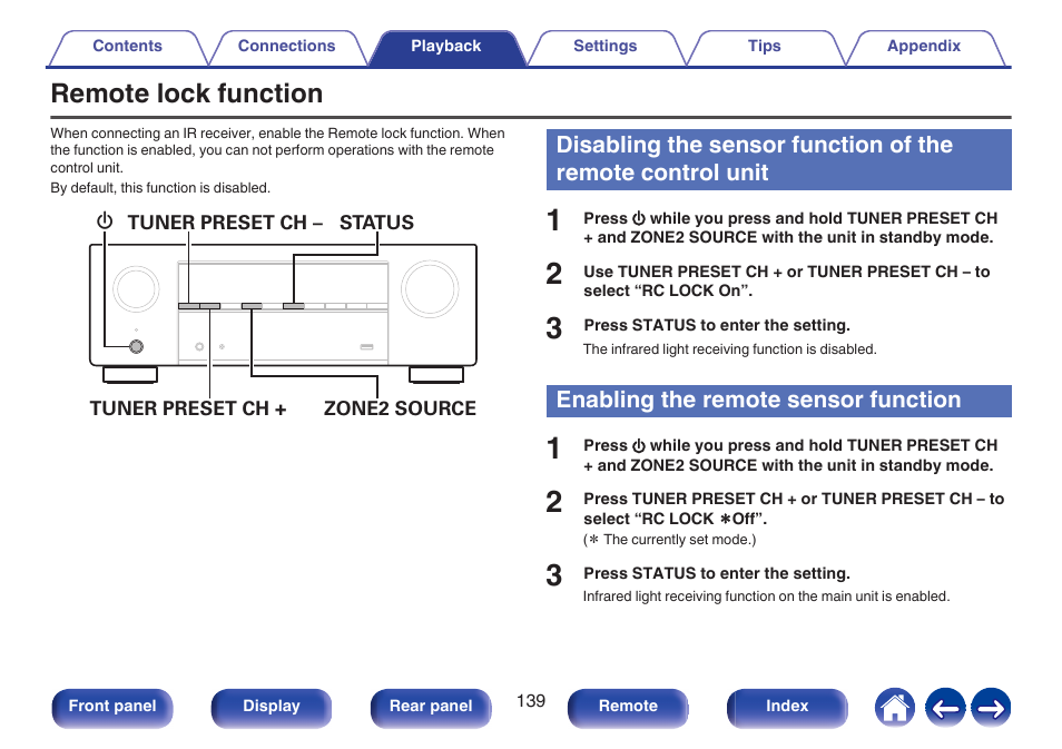 Remote lock function, Enabling the remote sensor function | Denon AVR-X1700H 7.2-Channel Network A/V Receiver with HEOS User Manual | Page 139 / 284