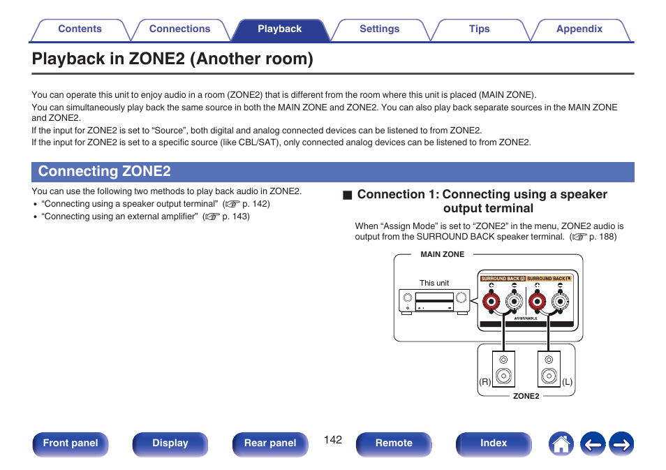 Playback in zone2 (another room), Connecting zone2 | Denon AVR-X1700H 7.2-Channel Network A/V Receiver with HEOS User Manual | Page 142 / 284