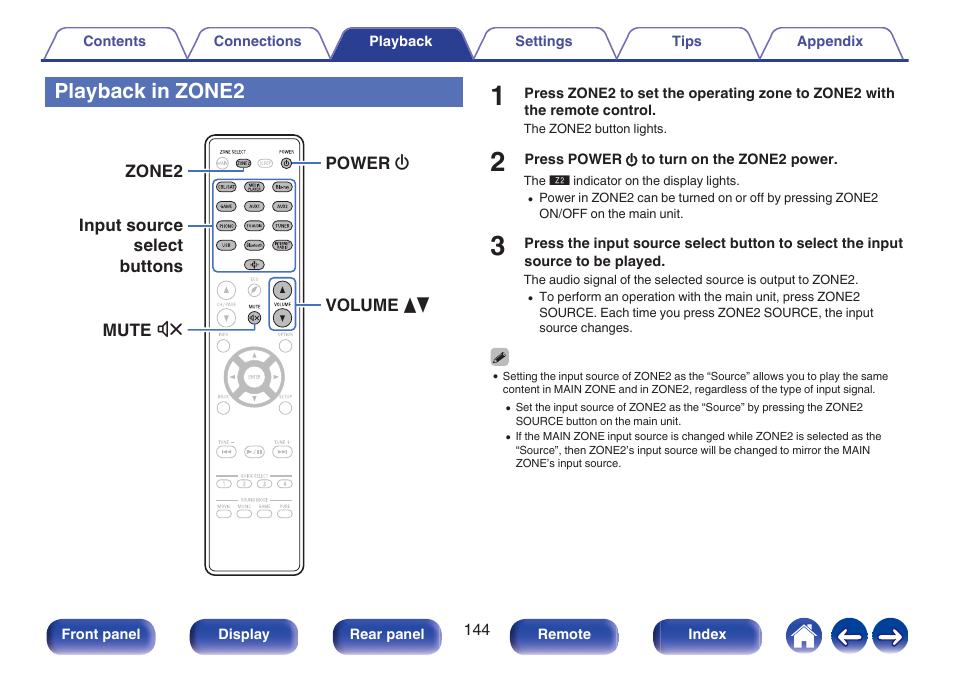 Playback in zone2, P. 144), This selects the input source for zone2 | Denon AVR-X1700H 7.2-Channel Network A/V Receiver with HEOS User Manual | Page 144 / 284