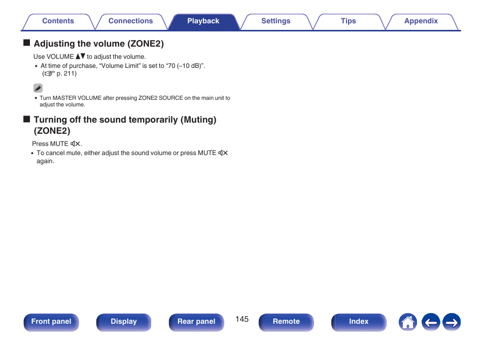 Turning off the sound temporarily (muting) (zone2), P. 145), Adjusting the volume (zone2) | Oadjusting the volume (zone2) | Denon AVR-X1700H 7.2-Channel Network A/V Receiver with HEOS User Manual | Page 145 / 284
