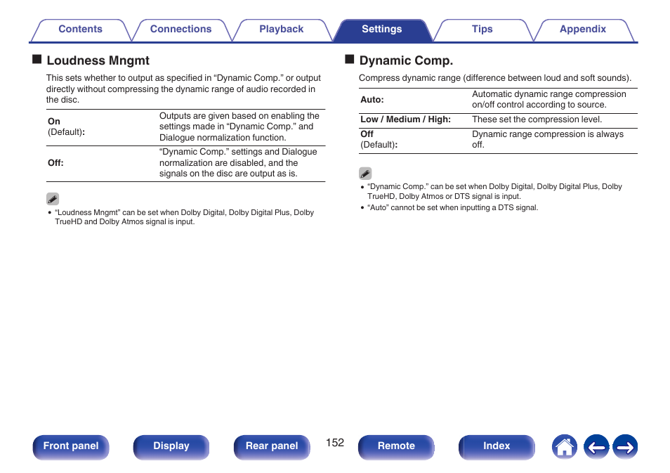 Oloudness mngmt, Odynamic comp | Denon AVR-X1700H 7.2-Channel Network A/V Receiver with HEOS User Manual | Page 152 / 284
