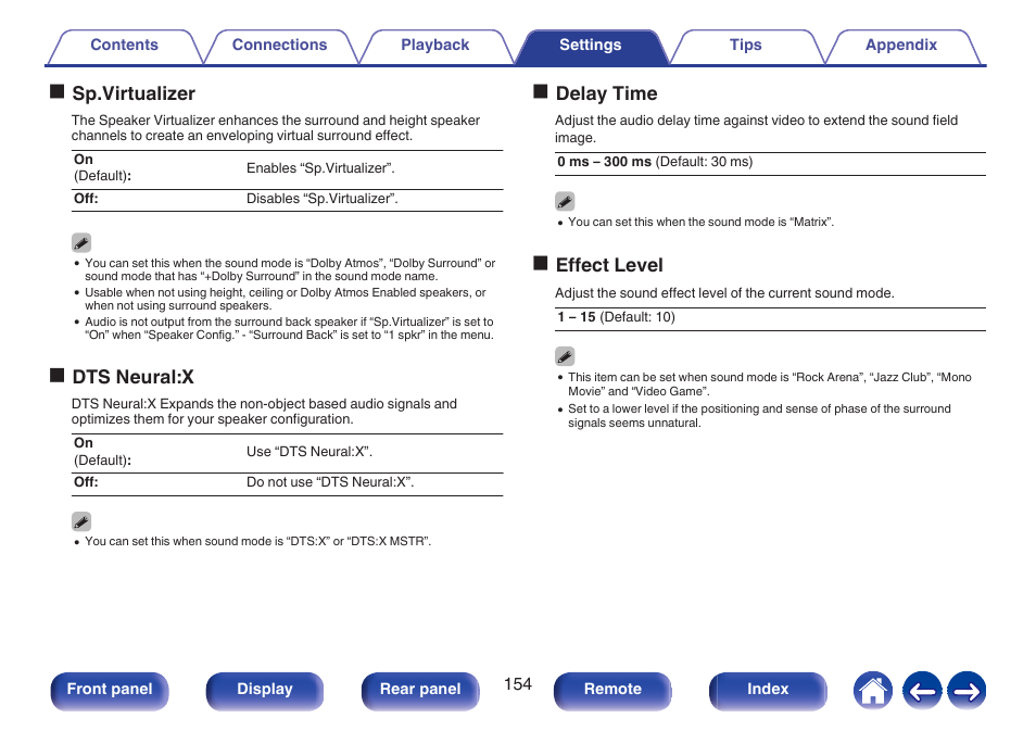 Speaker virtualizer, P. 154), Speaker configurations or less | Osp.virtualizer, Odts neural:x, Odelay time, Oeffect level | Denon AVR-X1700H 7.2-Channel Network A/V Receiver with HEOS User Manual | Page 154 / 284